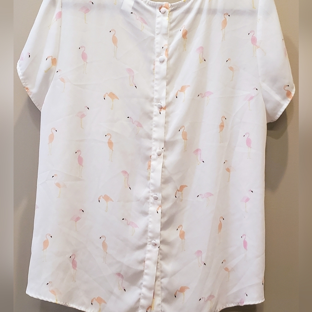 Torrid Sz 1X Flamingo Semi Sheer Top Short Sleeve Scoop Neck Button Dow… - Picture 12 of 13